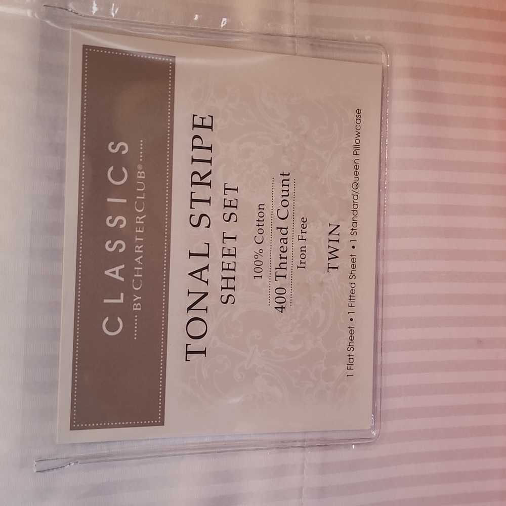 NWT Charter Club CLASSICS Tonal Stripe White Twin sheet set